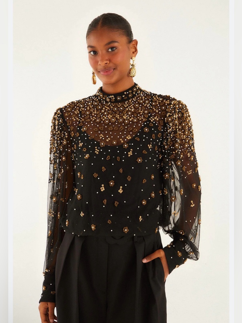 FARM Rio Black Sheer Embroidered Bubble Tulle Blouse size M